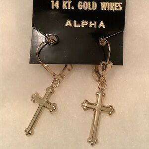 NEW 14 KT Gold Wires Trefoil Cross earrings Vintage